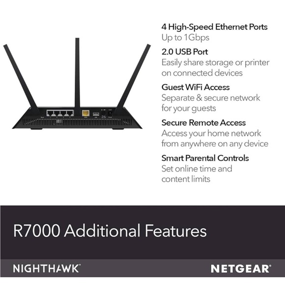 NETGEAR Nighthawk Smart Wi-Fi Router (R7000) - AC1900 Wireless Speed - Picture 2 of 4